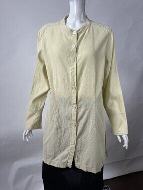 J. Jill Womens Linen Blend Tunic Button-Front Shirt Top Light Yellow Size L